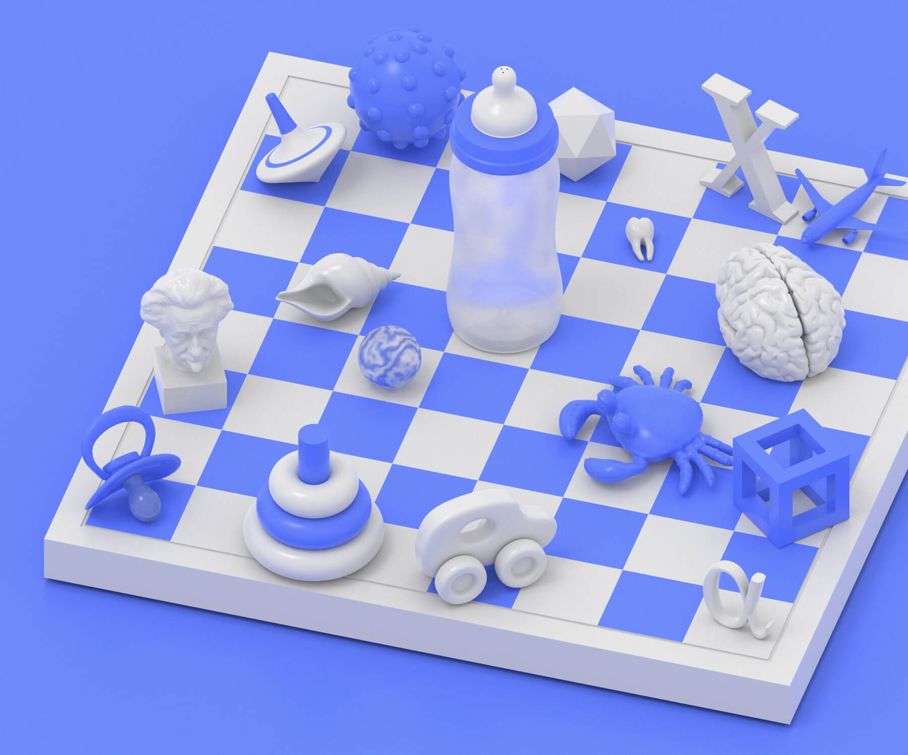 The pieces of a blue and white chessboard are replaced with items signifying the development of human intelligence. They include a bust of Albert Einstein with his tongue sticking out, a baby’s milk bottle and pacifier, toys and geometric figures of various shapes.