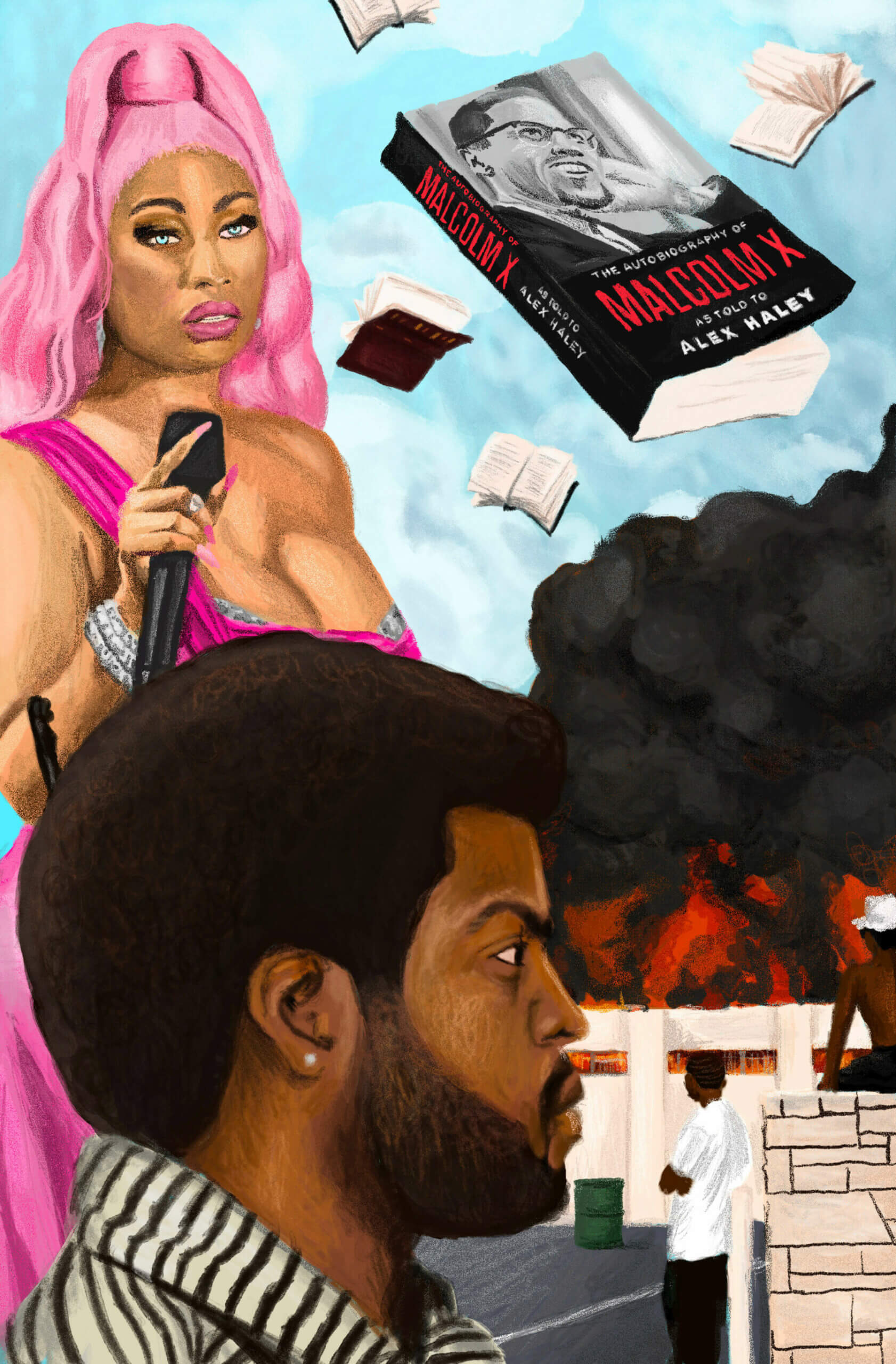 A painting includes a number of subjects, including Nicki Minaj, Ice Cube, a burning commercial building, and copies of Malcom X’s autobiography falling from the sky.