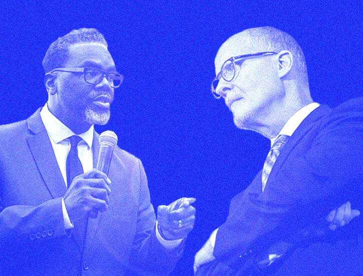 On the right, a photograph of Chicago mayoral candidate Paul Vallas faces Brandon Johnson, at left. The image is tinted blue.