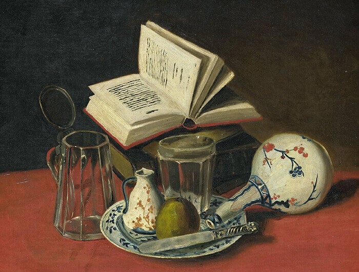 An oil painting of an open book in the background. In the foreground, a plate with a pear and a small glass on it.