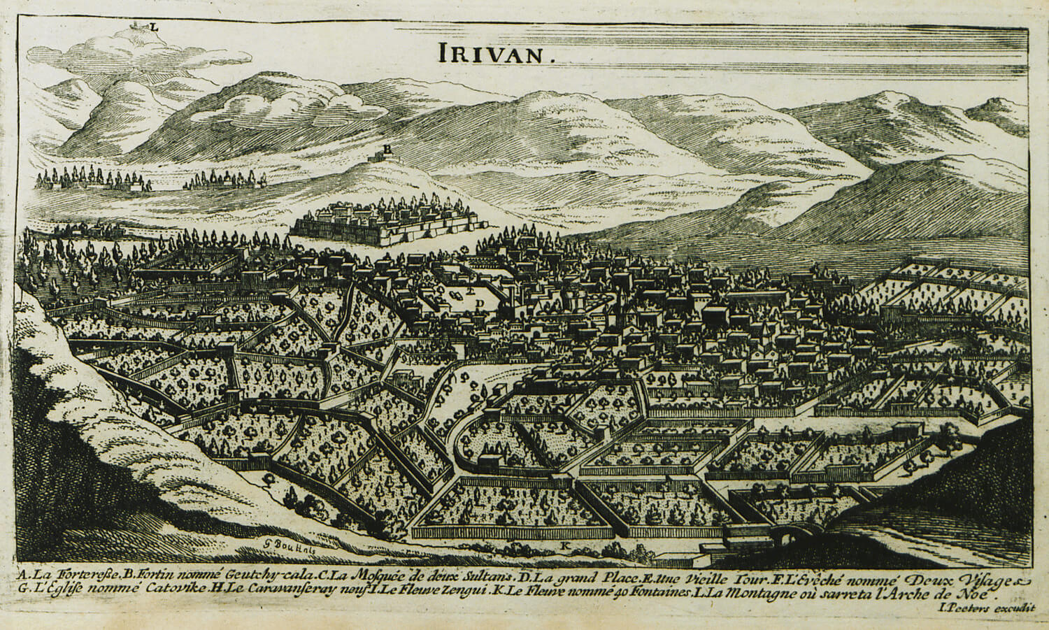 An old etched print of Yerevin’s valley. Plots of land are cut up and walled off from each other.