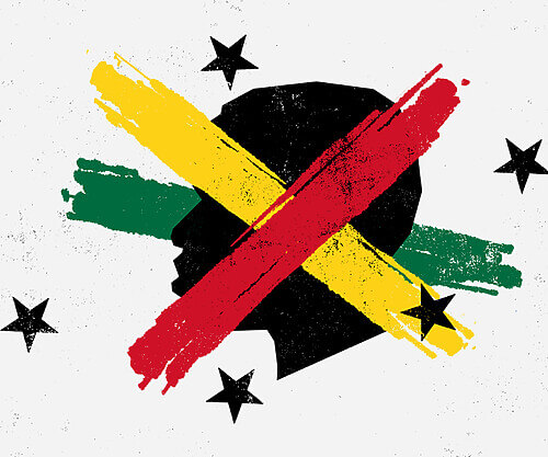 A silhouette of a man’s face has X over it in Ghana’s flag’s colors.