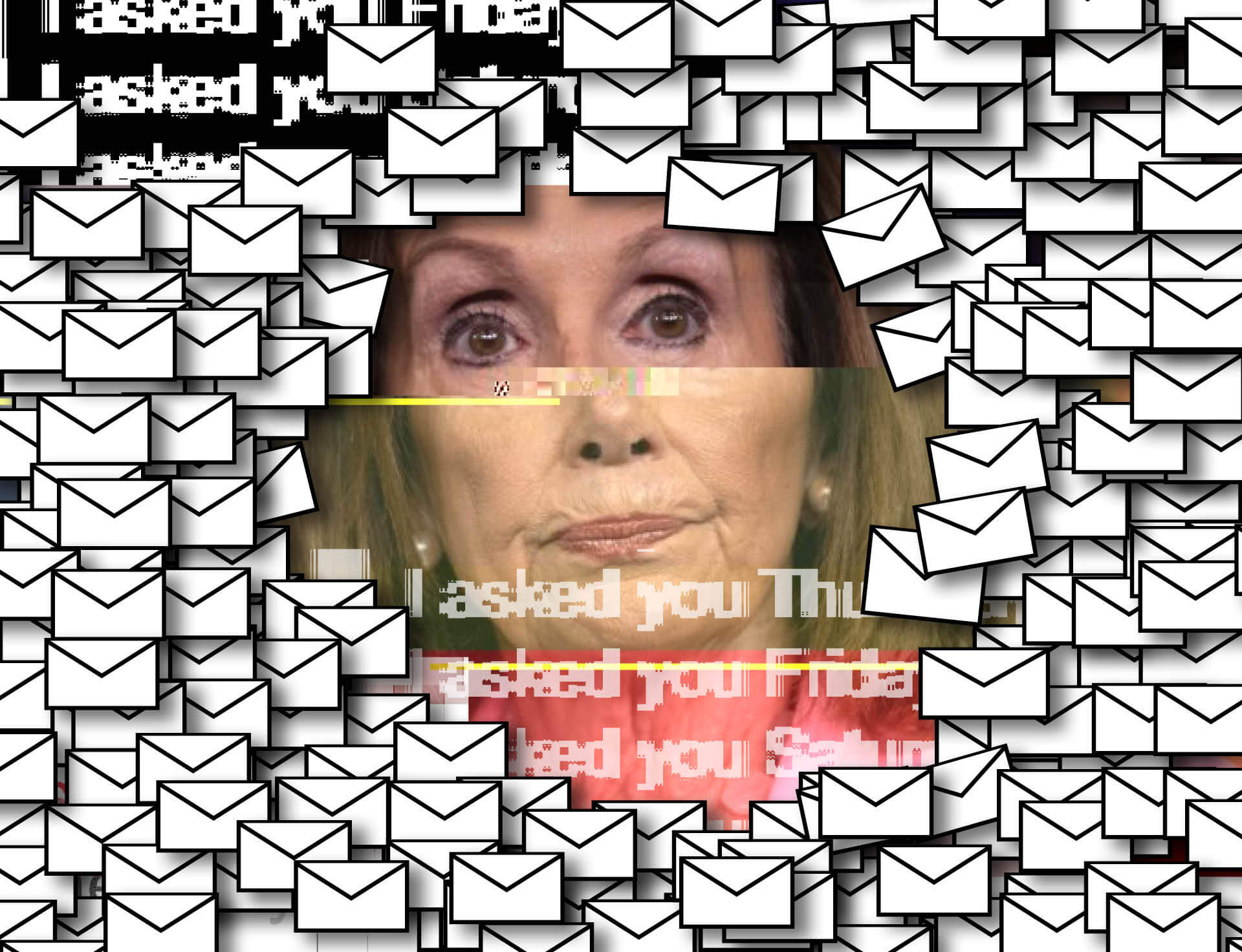 A pixellated image of Nancy Pelosi's face surrounded by a flurry of email icons.