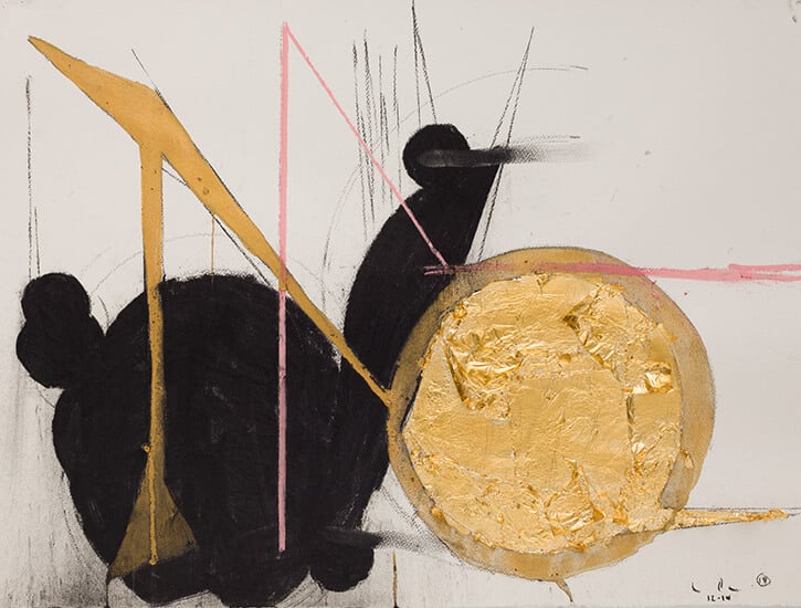 An abstract, multi-media work of black paint and gold leaf.