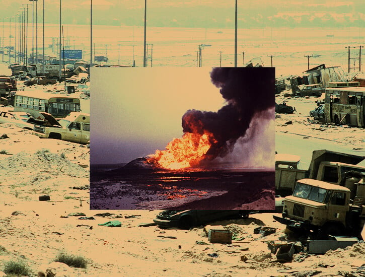 A collage of two photos: an oil field fire and an abandoned highway strewn with destroyed vehicles.