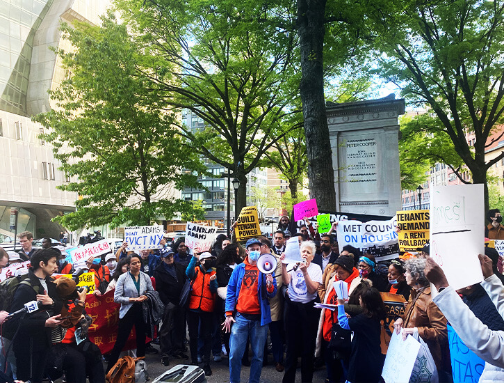 A group of protesters outside Cooper Union in New York.