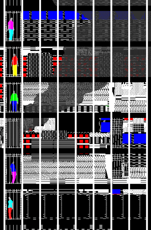 Glitch art of a plume of smoke hovers over a city skyline. On the lefthand side, a column of six jail cells sit atop each other, five of which are occupied with a single person.