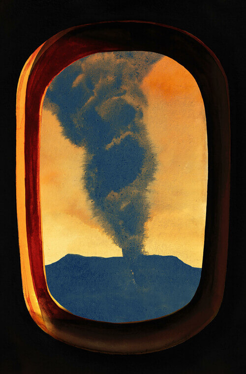 Seen from inside, a plane window frames the silhouette of smoke emanating from burning piles of track as the sun sets in the distance.