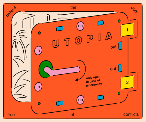 A 2D illustration of a safe with the label “Utopia” sits slightly ajar. Next to the handle, there’s a directional arrow and the words, “only open in case of emergency.” Past the open door, palm trees and other vegetation are visible. Labels around the safe’s edges read, “behind the door free of conflicts.”