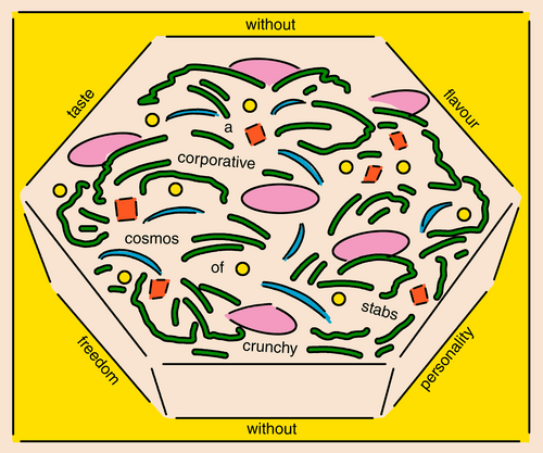 A 2D illustration depicts a hexagonal bowl of salad. A single word sits along each side of the bowl, and together they read, “taste without flavour freedom without personality.”