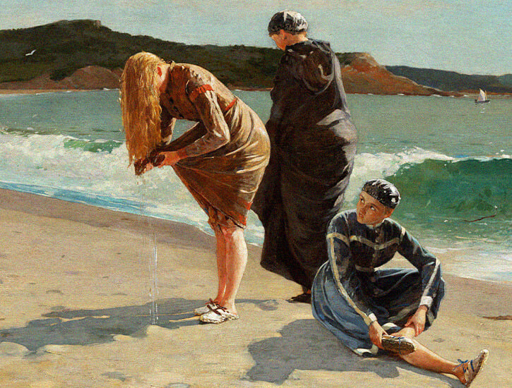 Three fully clothed clothed women on a seashore. One (on the far left) wrings out her wet hair.