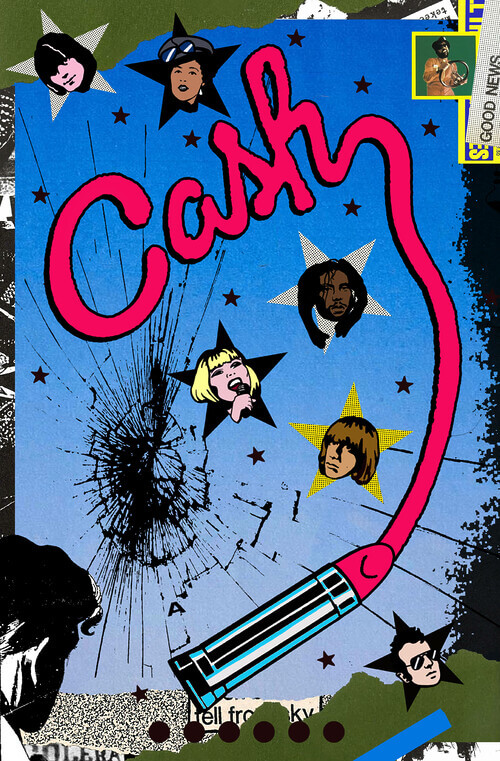 A colorful collage includes the word “Cash” written in lipstick on a smashed mirror, with illustrated heads of canonical punk figures, like Dee Dee Ramone, floating over hollywood-style stars.