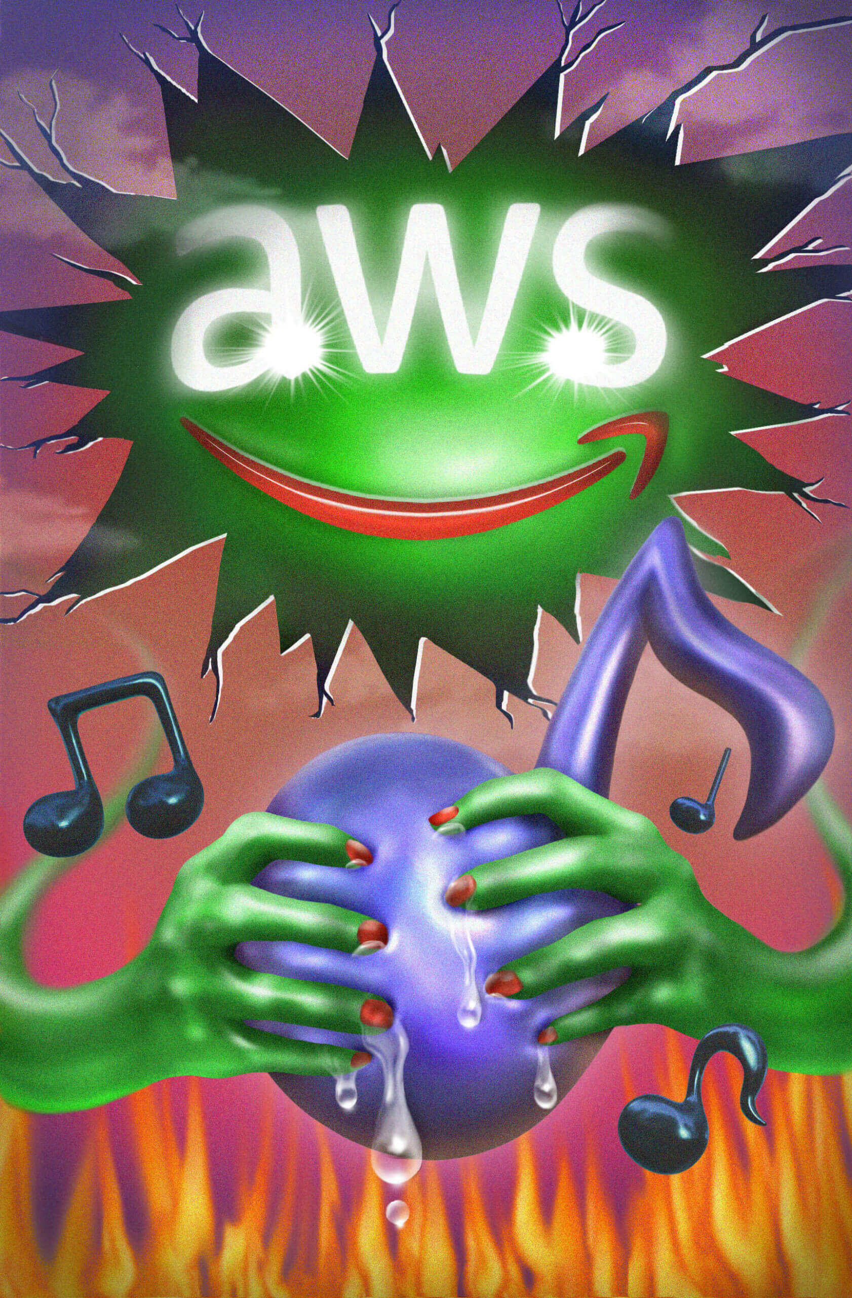 A green monster emerges out of a cracked hole in the sky. “AWS” is written over its eyes, and its mouth is made of Amazon’s arrow logo. The monster’s hands grip and squeeze a musical note over a bed of flames.