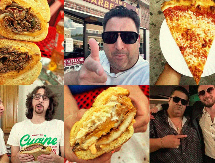 A grid of six photos, counterclock wise from upper left: a cross section of a sandwich, a man pointing at the camera, a slice of pizza, a man in sunglasses, a cross section of a sandwich, a long-haired man holding a sandwich.