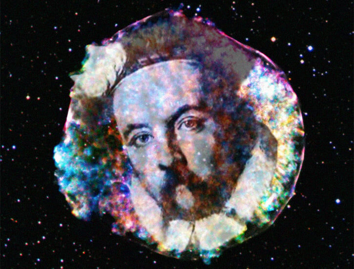 A man's face superimposed over a supernova in space.