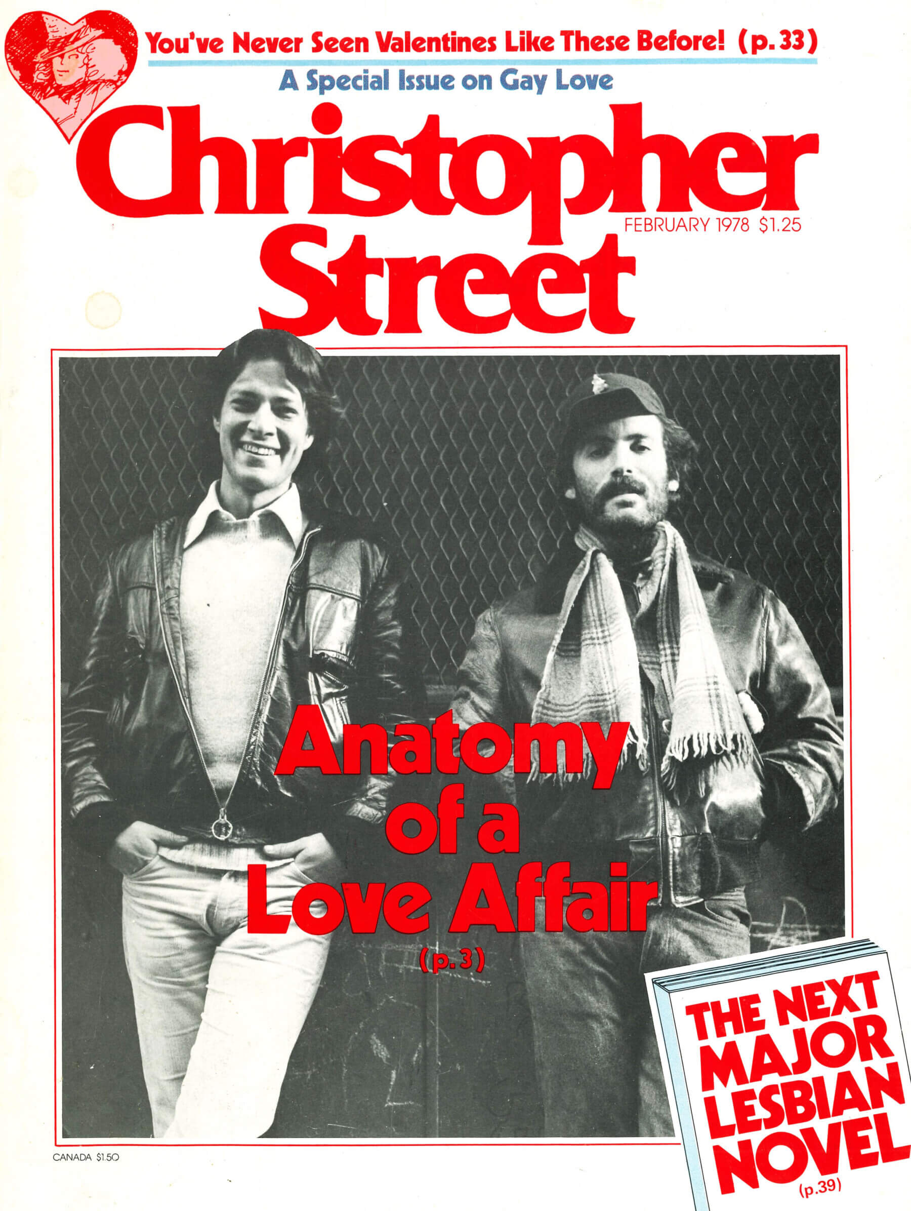 A cover of "Christoper Street" magazine with two mean, both in leather jackets, leaning against a chain-link fence. The photo is overlaid with the text: "Anatomy of a Love Affair"