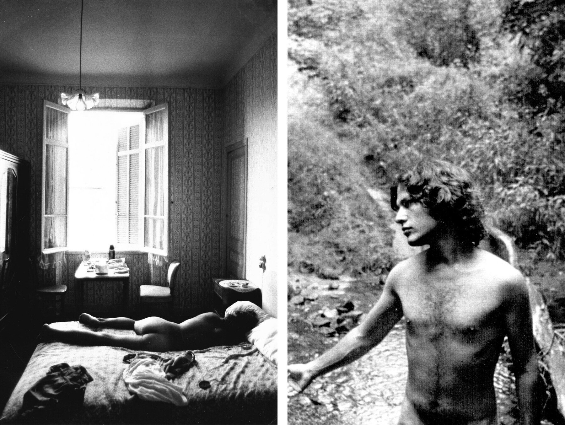 Two black and white photographs: on the left, Neil Alan Marks naps in the nude on a bed in a hotel room. On the right, Philip Gefter poses nude in the woods. 