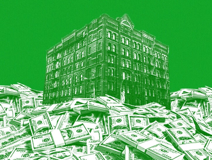 A New York apartment building sits atop a pile of cash.