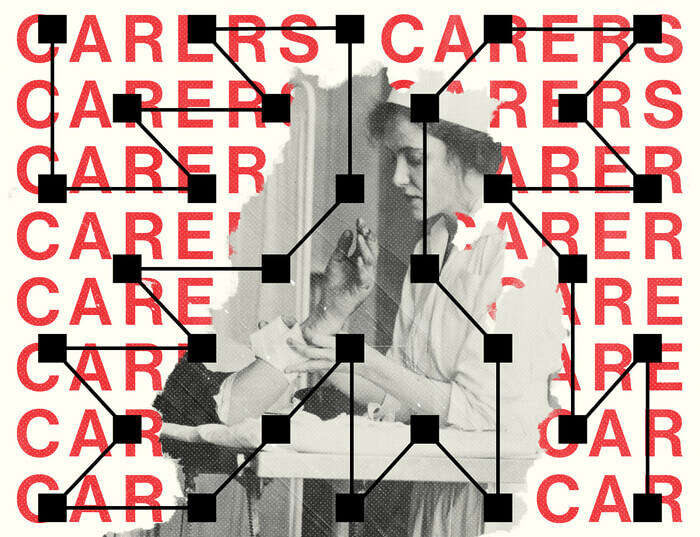 A collage showing the a nurse and the word "carers," repeated.