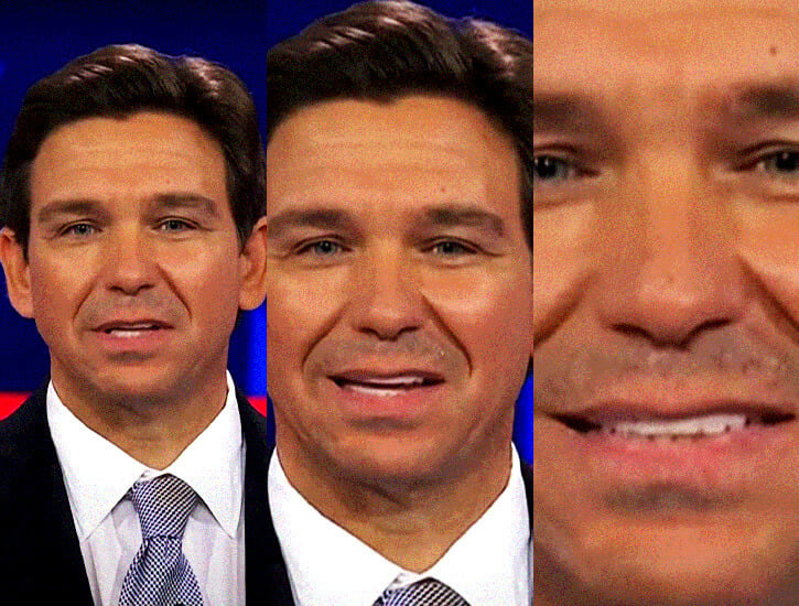 A triptych showing Ron DeSantis smiling.