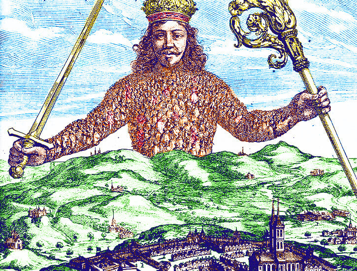 A man holding a sword towers over a village.