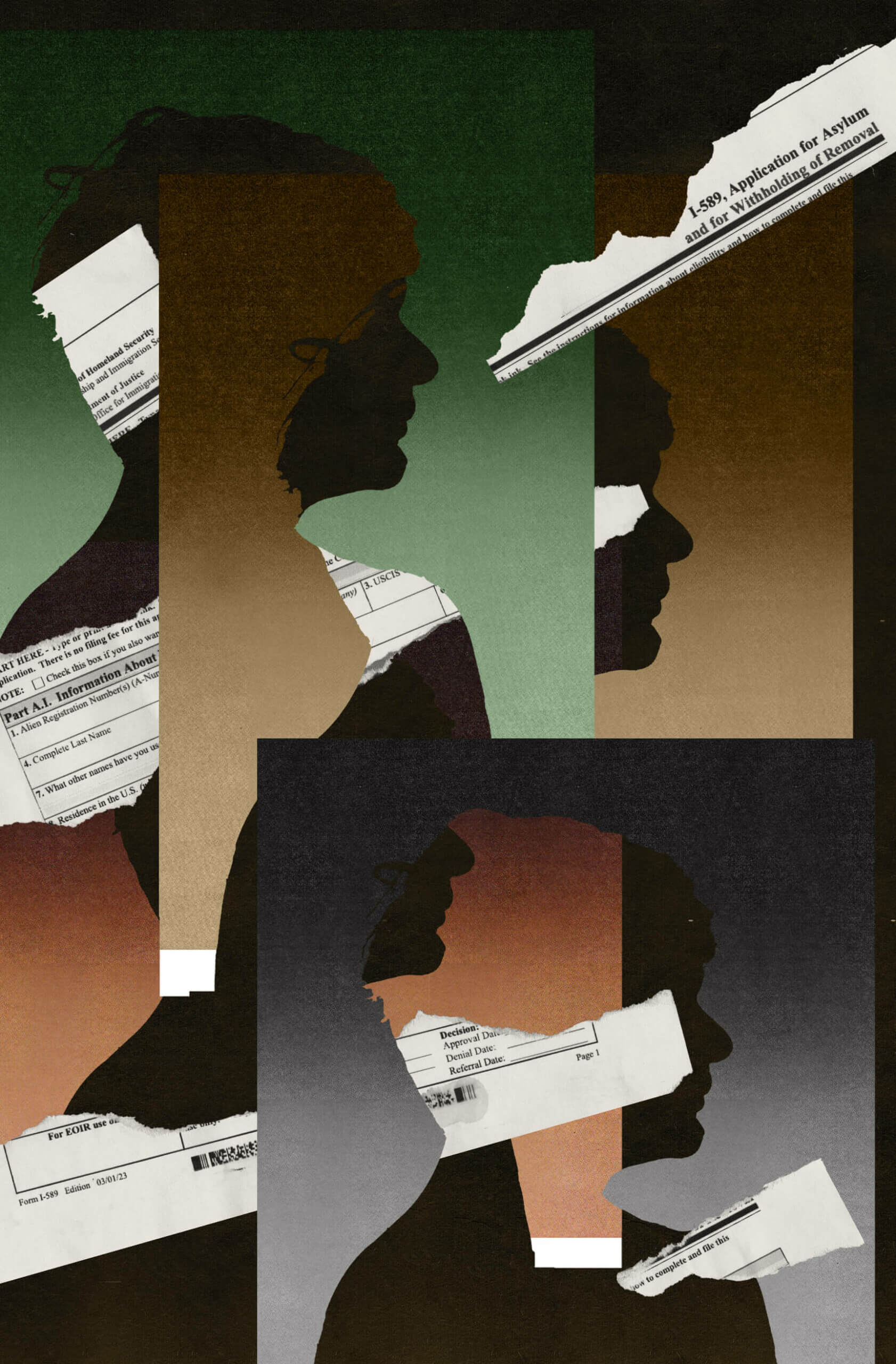 A collage of four child silhouettes appear with torn strips of an application for asylum scattered on top and underneath each portrait.