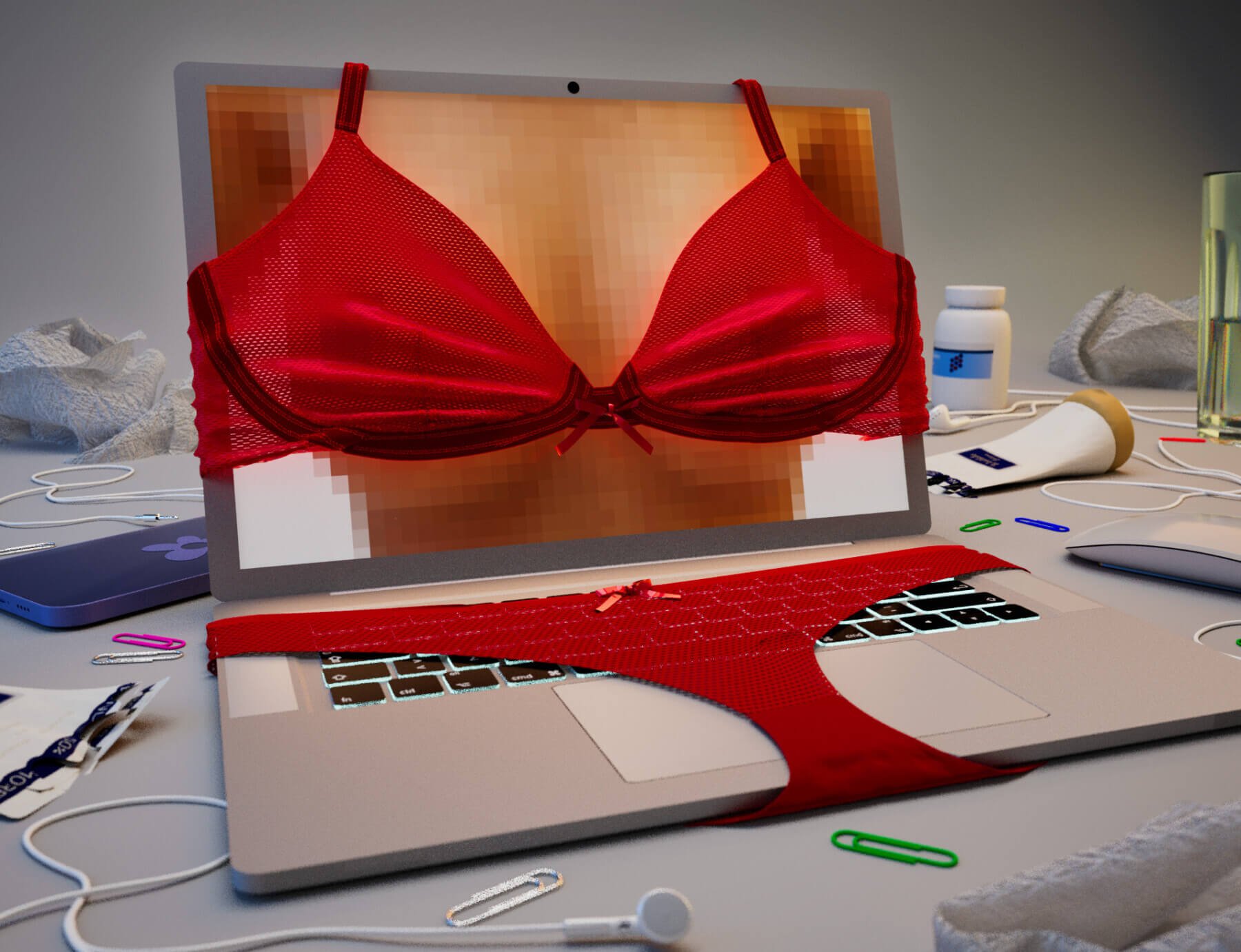 A bra is strapped over a laptop screen showing a pixellated pair of breasts.