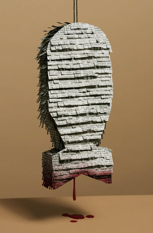 A digital illustration depicts a bomb-shaped piñata decorated with strips of newsprint paper with text all over it and blood dripping from the bottom.