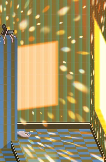 A digital illustration depicts a room with light refracting across blue and brown striped walls, and a video camera precariously taped to one corner of the room. It points down to a pale hand laying on the ground.