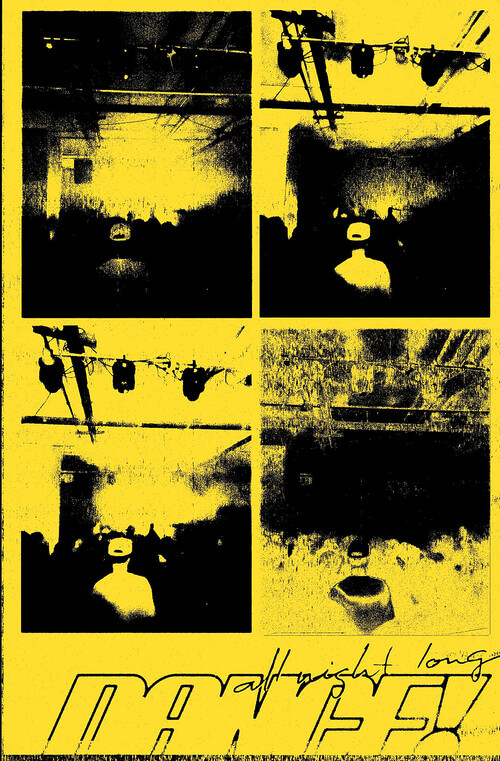 A monotone black poster printed on yellow copy paper shows four versions of the same scene: a person standing in an audience of a live music performance. Underneath, the text reads, “Dance!” and “all night long.”