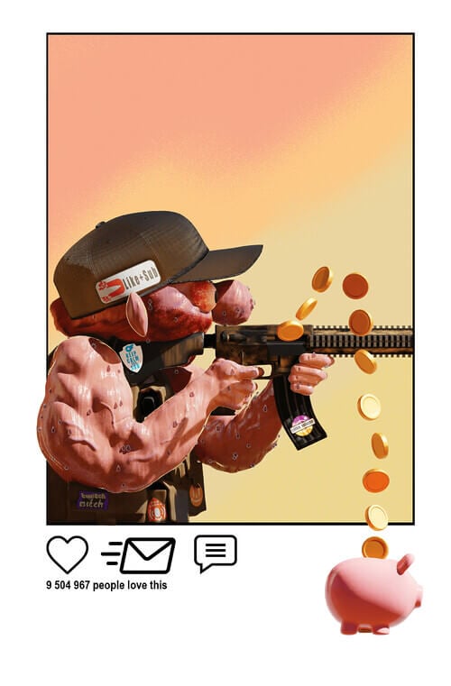 A digital illustration shows a muscly, sweater soldier shooting an AK-47, but instead of bullet casings, gold coins expel from it into a piggy bank. A symbol of a heart, envelop, and chat bubble suggest it’s a social post.