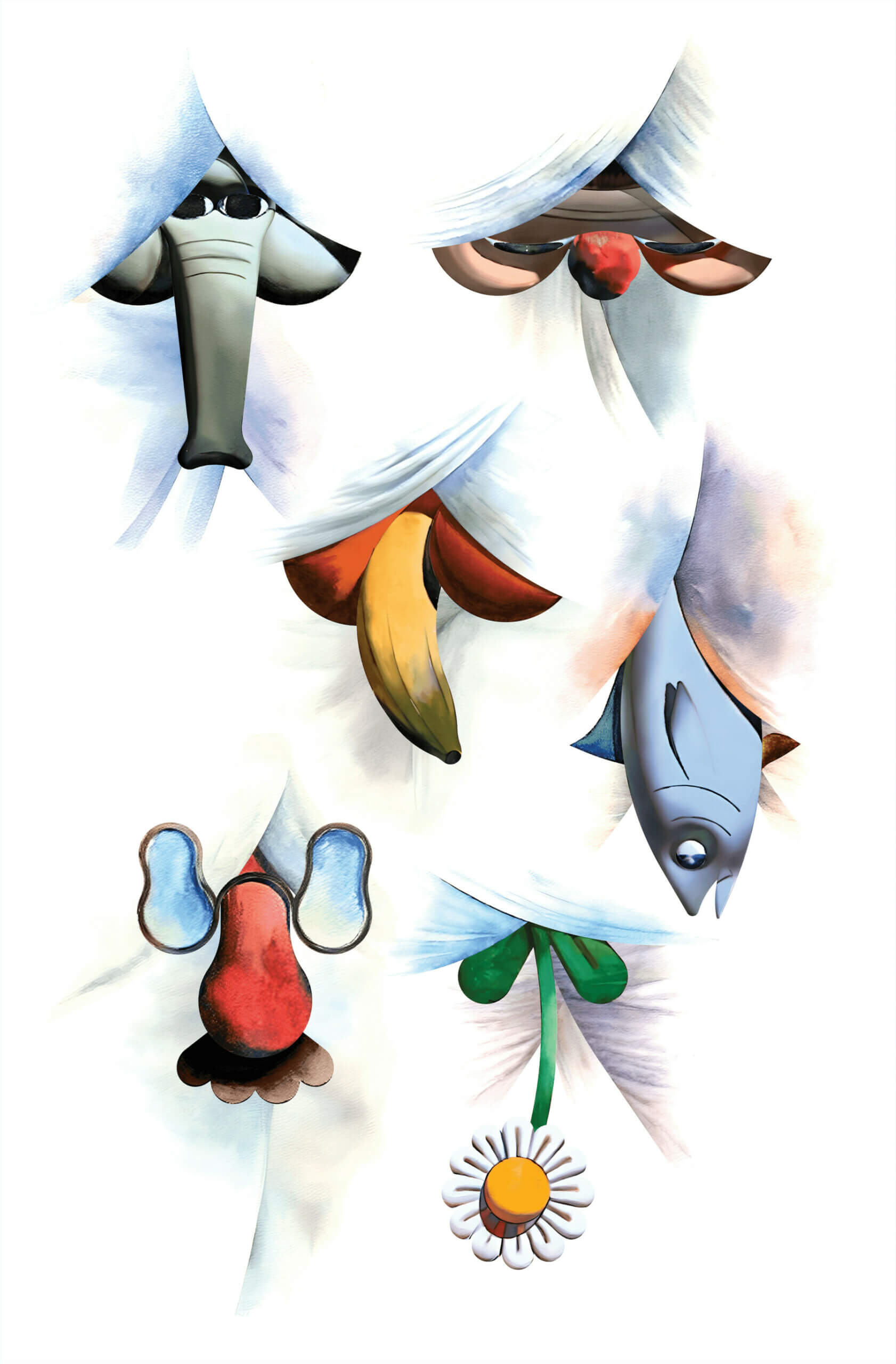 A painting of white cloth has openings from which whimsical objects hang: an elephant’s trunk, a red-nosed face, a banana, a fish, Groucho glasses, and a white daisy.