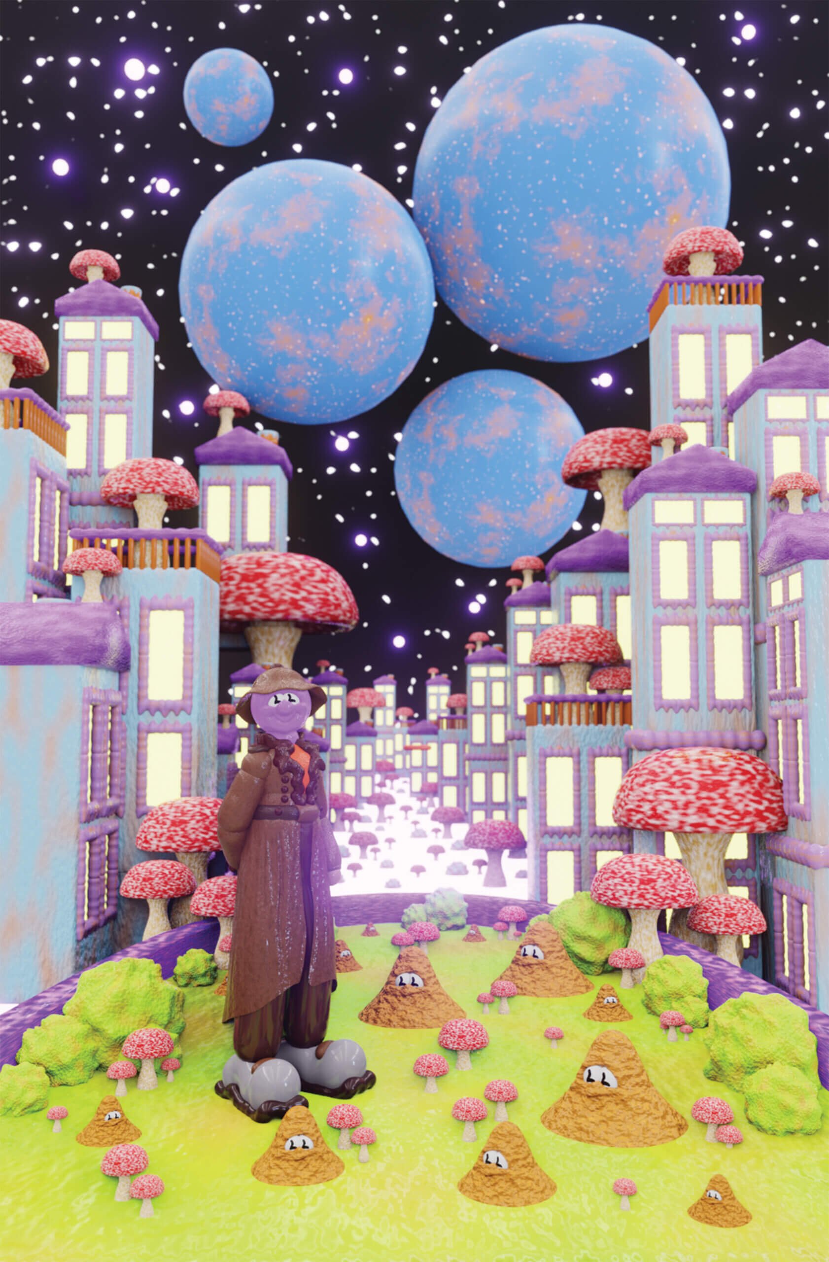 A digital illustration depicts an alien scene, with a being standing in a small green space, surrounded by mushrooms and tall buildings in front of a starry night sky with four moons of varying sizes.