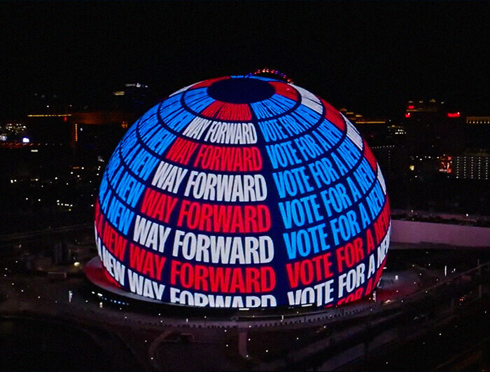 The Sphere in Las Vegas shows an ad for the Kamala Harris campaign.