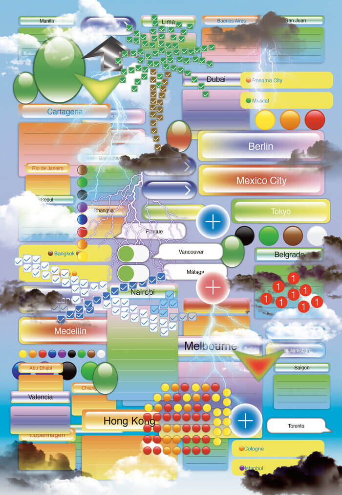 A digital collage of an abstract landscape with mountains, lighting, and sea has various digital post-its arranged on top of it. They include the names of cities, such as Berlin, Mexico City, Tokyo, Cartagena, Bangkok, Melbourne, Hong Kong, Abu Dhabi, Rio de Janeiro, and more.