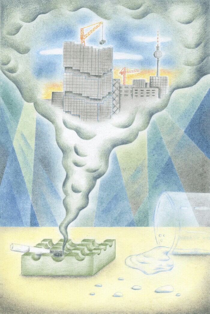 A colored pencil illustration depicts a spilled glass of water next to a lit cigarette resting on an ashtray, trailing a smoke cloud with the image of tall gray buildings with construction towers above them.