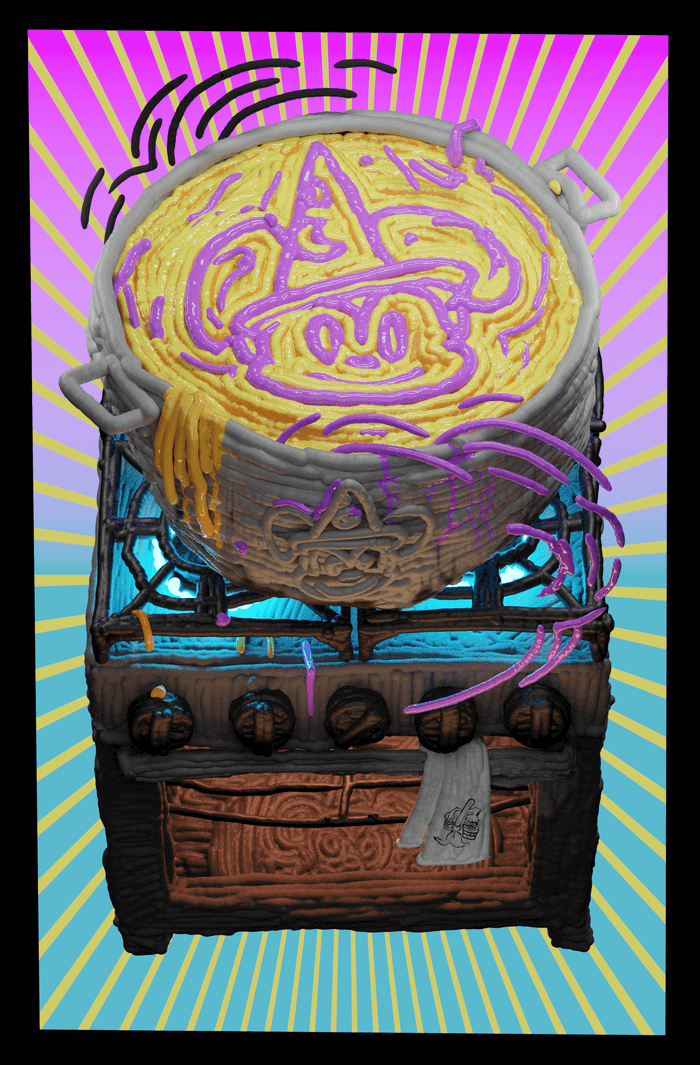 A giant caldron with yellow and purple noodles shaped like Mickey Mouse with a witch hat sits on top of a stove glowing with blue flames. More noodles are cooking inside the oven below it.