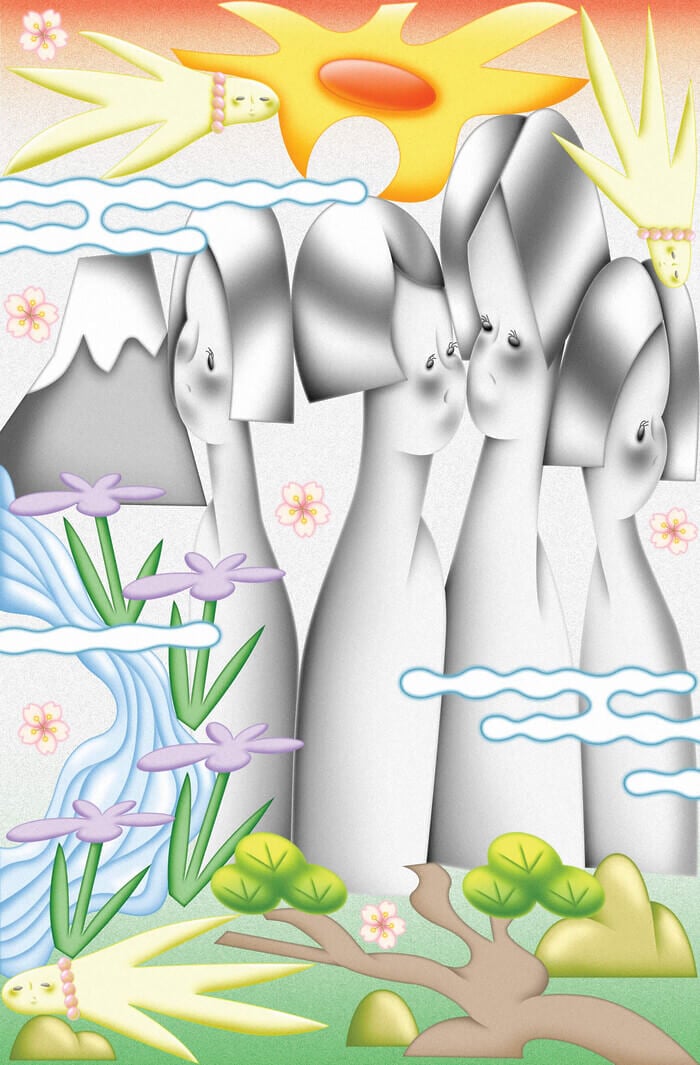 An airbrushed illustration depicts four, gray human-like figures looking at the landscape before them, which includes purple flowers, a flowing river, and a bright red sun with a yellow corona.