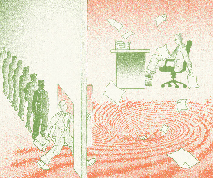 An illustration shows a long line of people waiting to enter a room where a seated office worker pulls sheets of paper from a stack on his desk and tosses them into a swirling vortex on the floor.