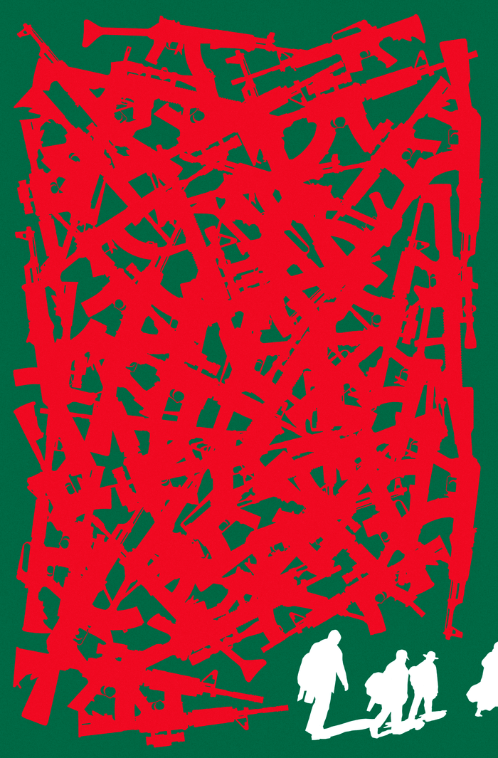 A red silhouette of overlapping machine guns and rifles sits on top of a green background, with white silhouette of four soldiers walking across the very bottom of the illustration.