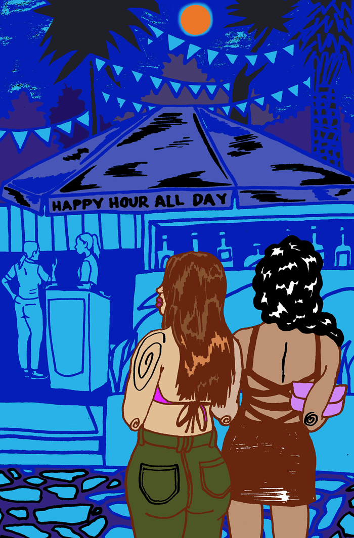 An illustration of two women standing before a bar that says “Happy Hour All Day” on its awning. One woman wears a pink bikini top and green pants, the other wears a strappy maroon mini dress.
