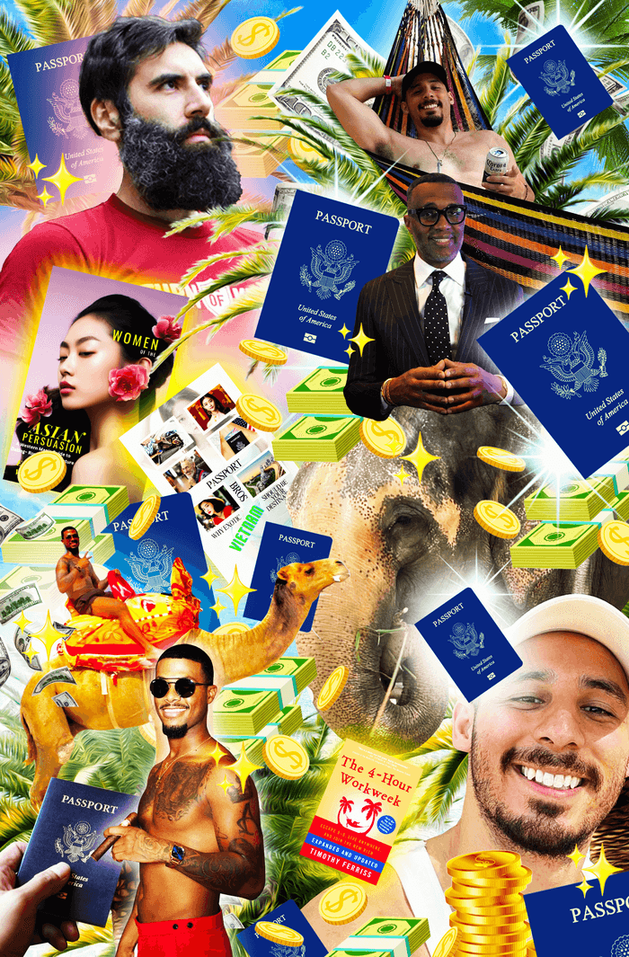 A digital collage of various men—one in a hammock, another with a cigar, a third on a camel, a fourth in a business suit with hands folded together—are surrounded by floating palm trees, passports, and stacks of U.S. dollars, and gold coins. One image shows an Asian model with flowers in her hair.