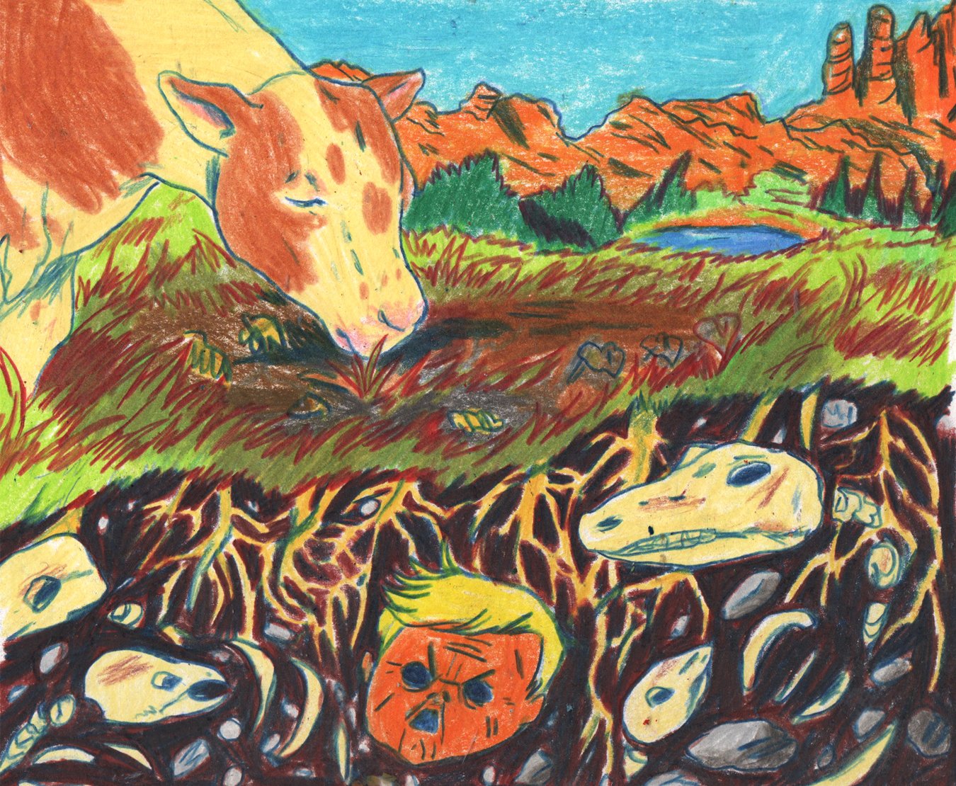 An oil pastel painting shows a cow grazing over a bisection of dirt and grass. In the dirt are animal skills, roots, rocks, and a Donald Trump mask.