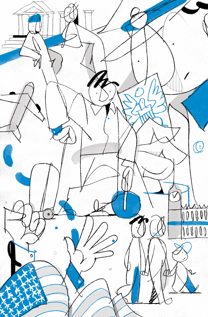 A drawing of various stick figures doing various things, including rolling suitcases, walking with children, and talking to each other. There are also drawings of Big Ben clock, an American flag, a plane, and the Parthenon throughout.