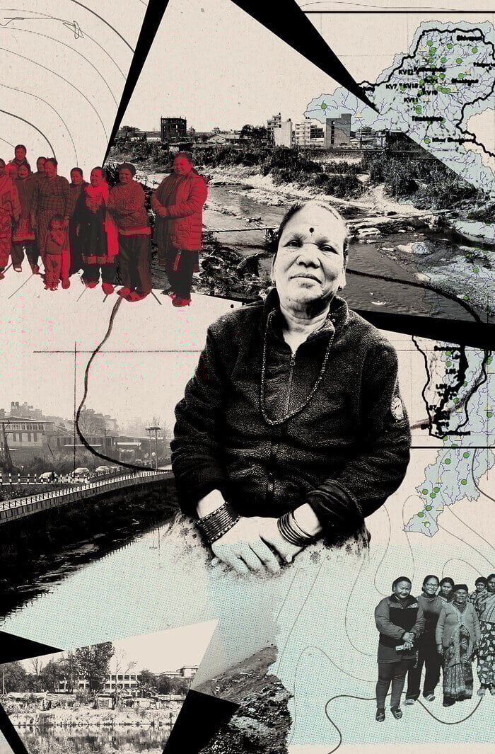 A collage featuring cutouts of various maps of Nepal is overlaid with photos of families, and a woman wearing a jacket, bangles, necklace, and a bindi in the center.