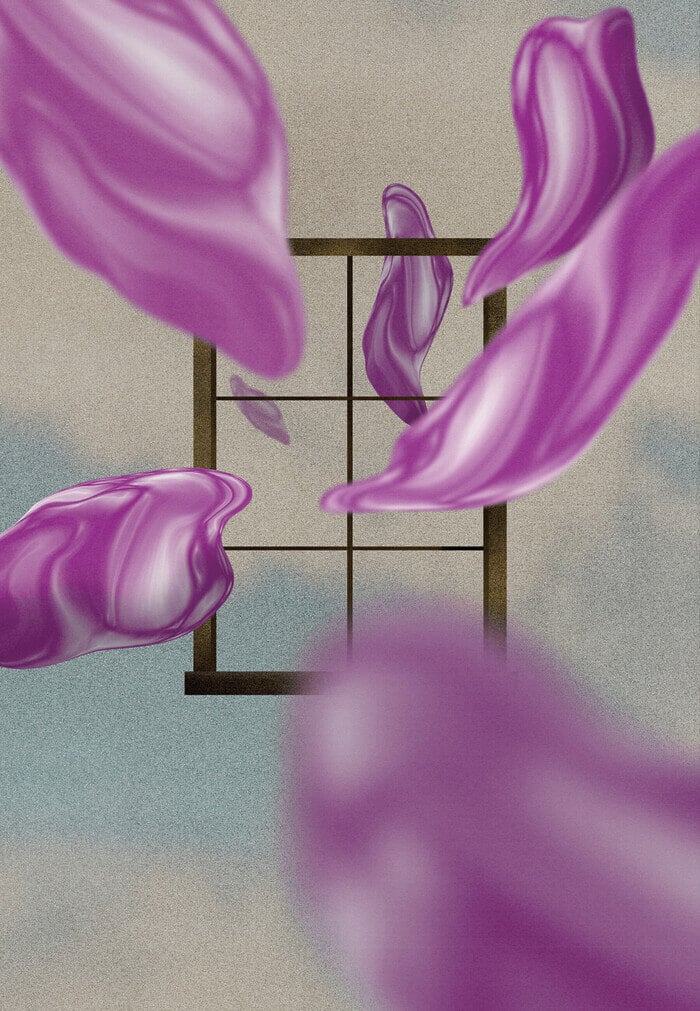 An illustration of a floating window in a cloudy sky with purple petals floating toward the viewer.