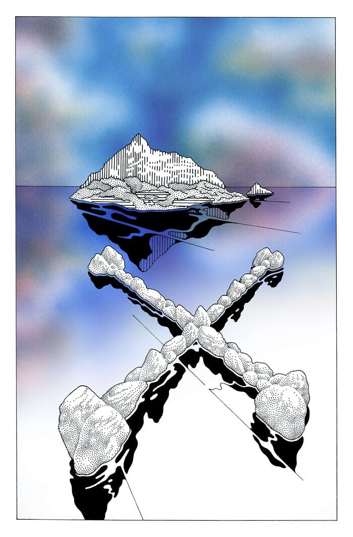 An illustration of rocks arranged into a cross, sitting in a body of water, with a small island in the background.