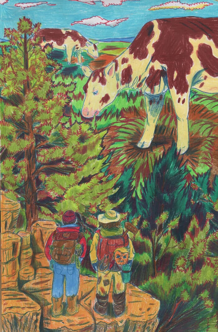 An oil pastel illustration depicts two hikers standing on a forested mountaintop, looking at white and brown spotted cows grazing in a lush landscape under bright blue skies.