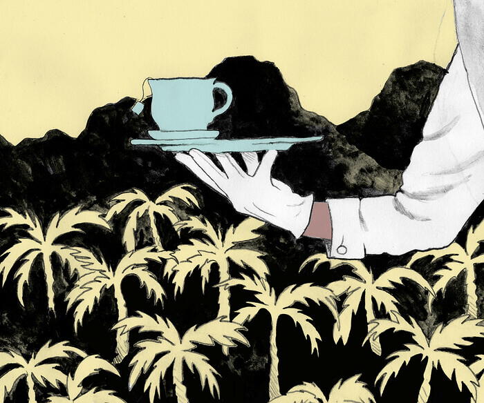 A brown-skinned arm extends into the frame wearing a white glove, carrying a tray with a blue cup of tea and saucer on top. In the background is a silhouette of mountains filled with palm trees.