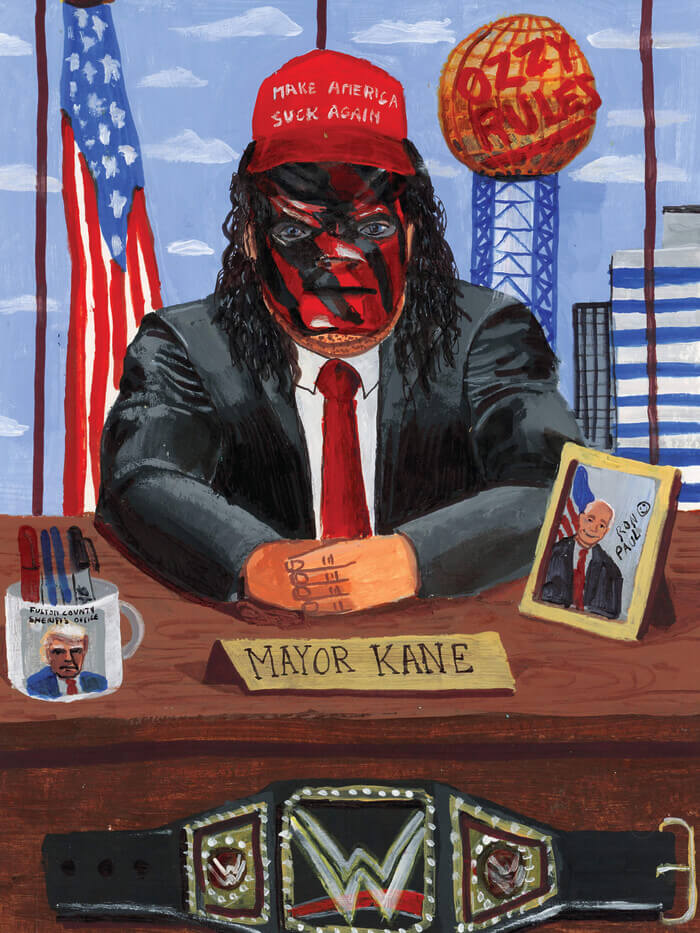 A gouache painting shows a fake-tanned man wearing a red mask with painted black stripes across it, and a hat that says “MAKE AMERICA SUCK AGAIN.” He’s seated at a desk with a placard that reads “MAYOR KANE,” a framed portrait of Rand Paul, and a mug with Donald Trump’s portrait. In the background is a building with a sphere that reads “OZZY RULES.”